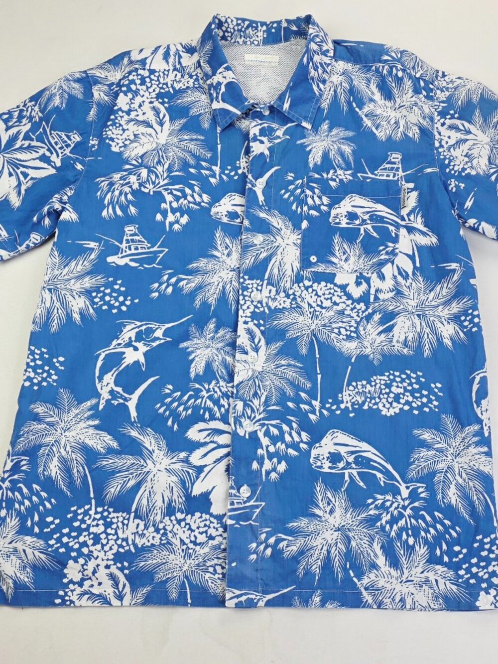 Columbia PFG Back Vent Blue Floral Fish Short Sleeve Men Size Small Cotton Shirt